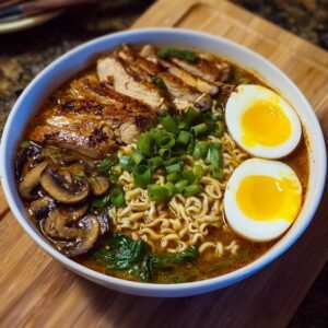 Bol de ramen au poulet et champignons, garni d'œufs mollets et d'oignons verts.