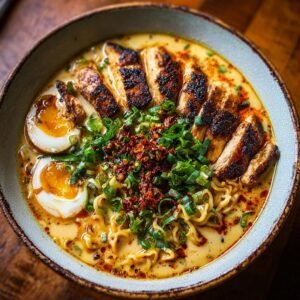 Gros plan d'un bol de Ramen de Poulet Épicé avec des nouilles, du poulet grillé, des œufs mollets et des oignons verts.