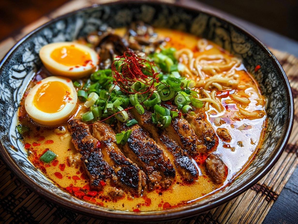 Gros plan d'un bol de Ramen de Poulet Épicé avec des œufs mollets, du poulet grillé et des oignons verts.