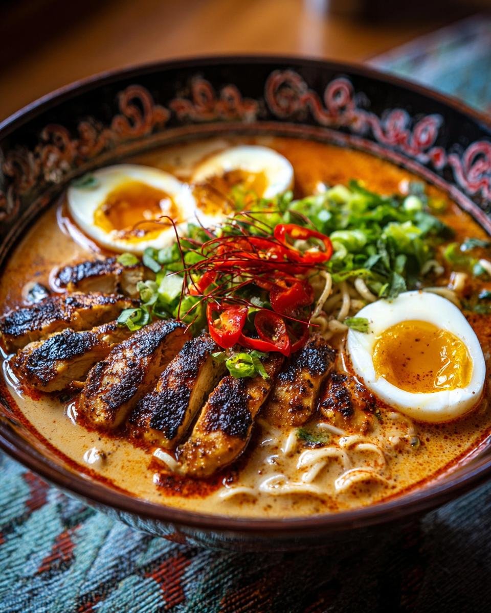 Un bol de Ramen de Poulet Épicé avec poulet grillé, œuf mollet, nouilles et piments.