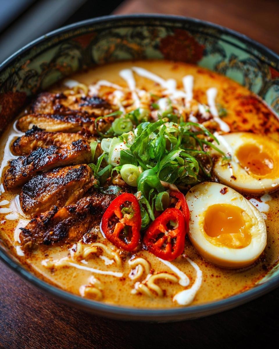 Un bol de Ramen de Poulet Épicé avec poulet grillé, œufs mollets, piments et oignons verts.