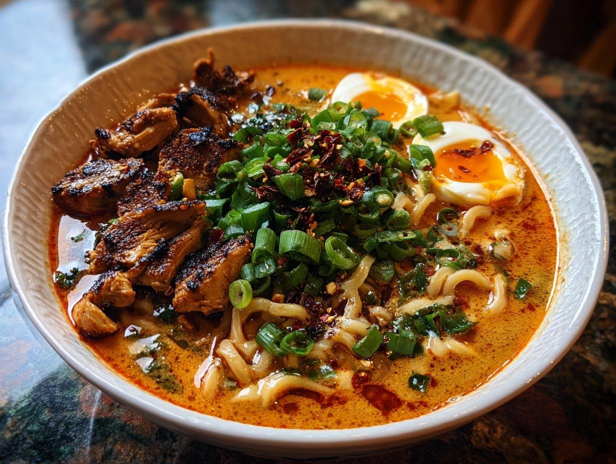 Bol de Ramen de Poulet Épicé avec poulet grillé, œuf mollet et oignons verts.