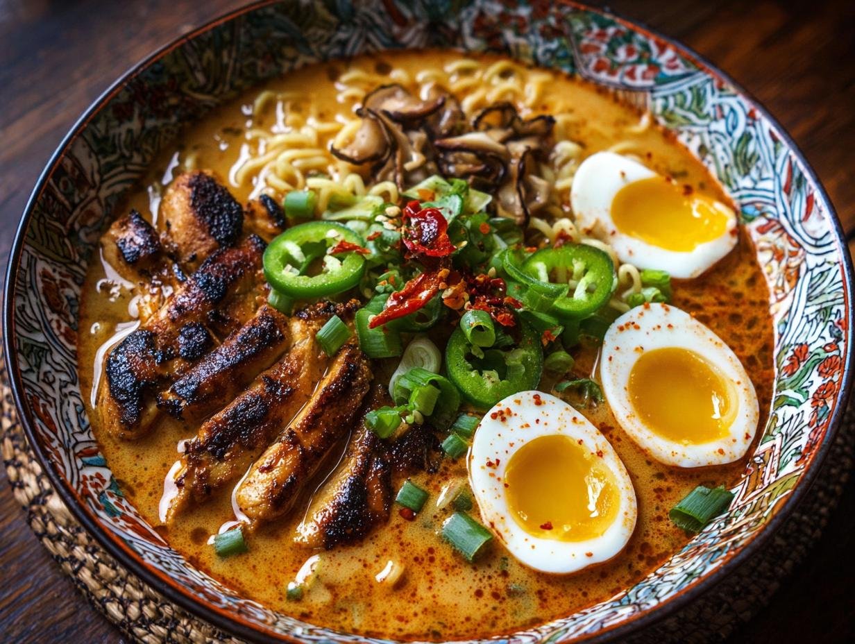 Bol de Ramen de Poulet Épicé avec poulet grillé, œufs mollets, piments et oignons verts.