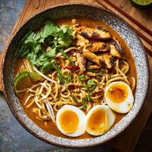 Un bol de Ramen au Poulet Miso Cacahuètes avec des nouilles, du poulet grillé, des œufs mollets et de la coriandre.
