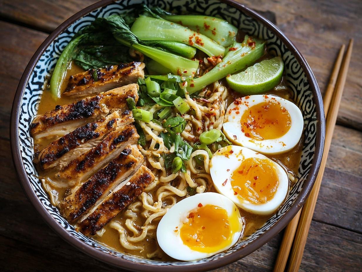 Bol de Ramen au Poulet Miso Cacahuètes avec poulet grillé, œufs mollets, bok choy et quartiers de citron vert.
