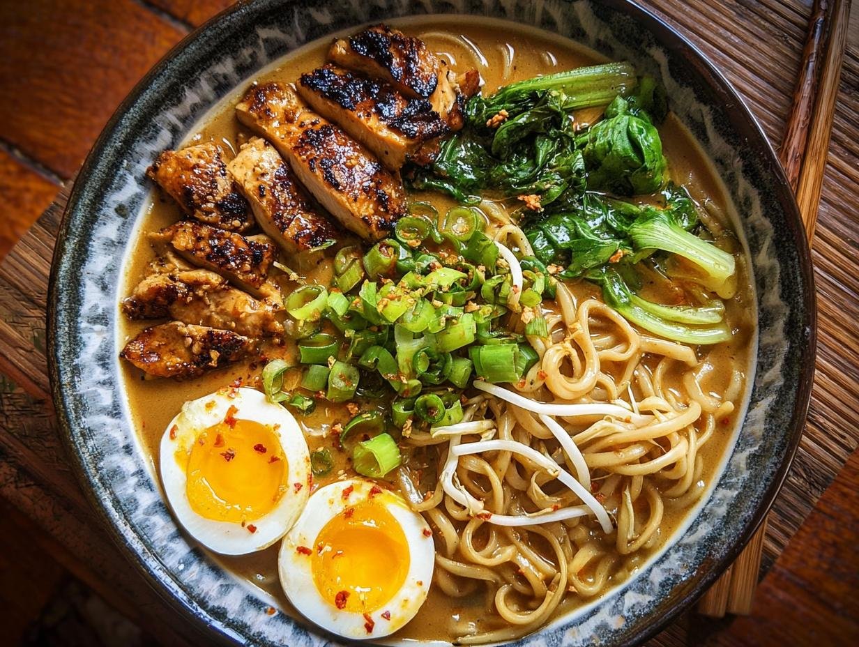 Un bol de Ramen au Poulet Miso Cacahuètes avec poulet grillé, œufs mollets, légumes verts et nouilles.
