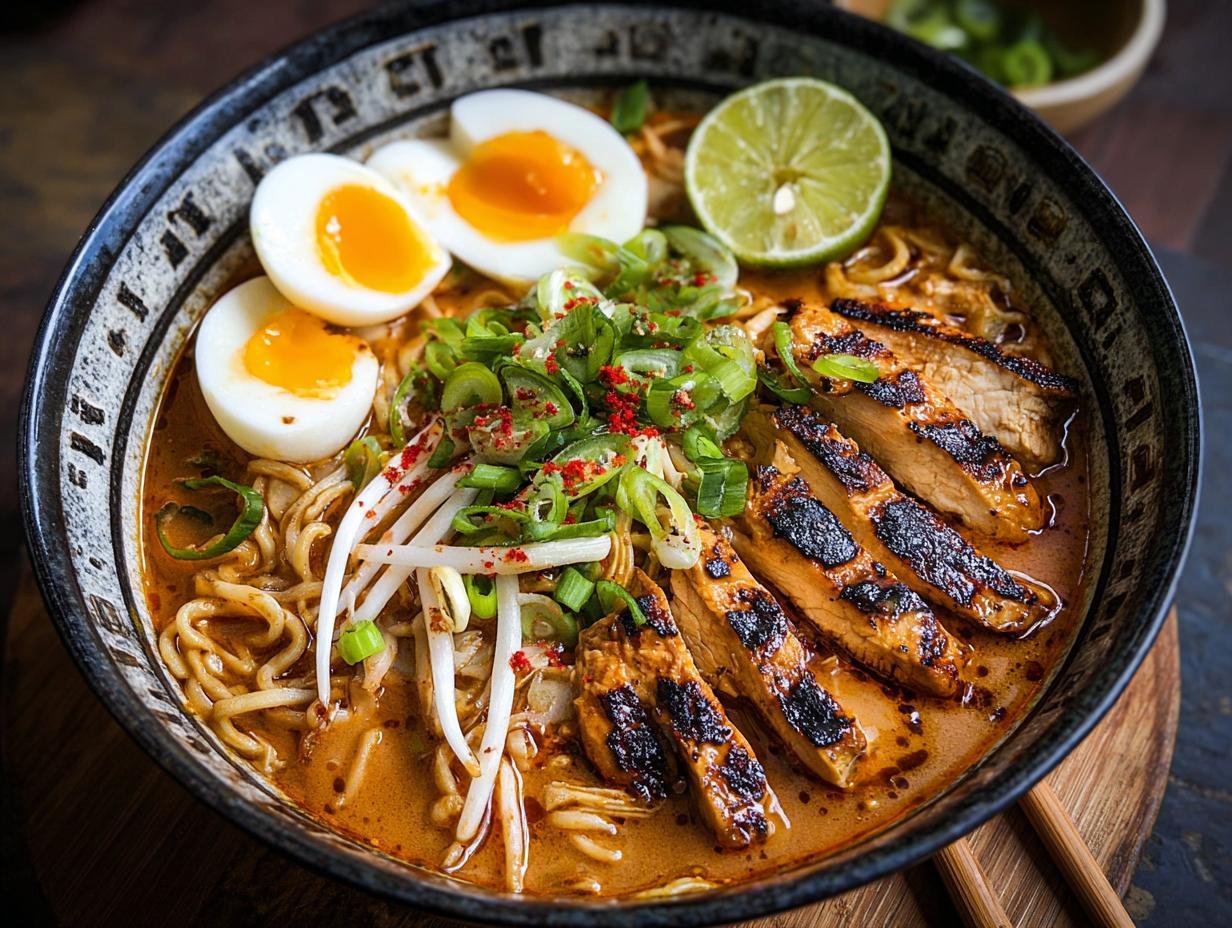 Un bol de Ramen au Poulet Miso Cacahuètes avec poulet grillé, œuf mollet et germes de soja.