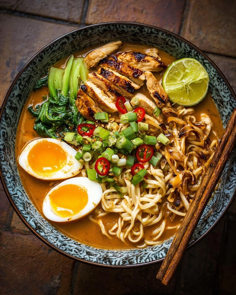 Bol de Ramen au Poulet Miso Cacahuètes avec poulet grillé, œuf, nouilles et légumes verts.