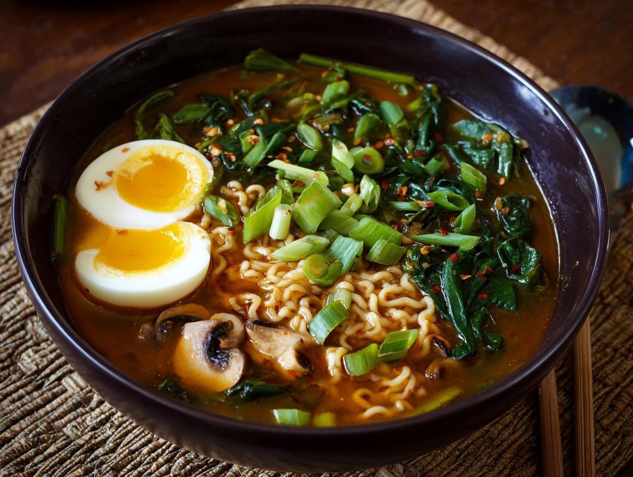 Gros plan d'un bol de ramen végétarien avec des nouilles, des œufs coupés en deux, des champignons et des légumes verts.