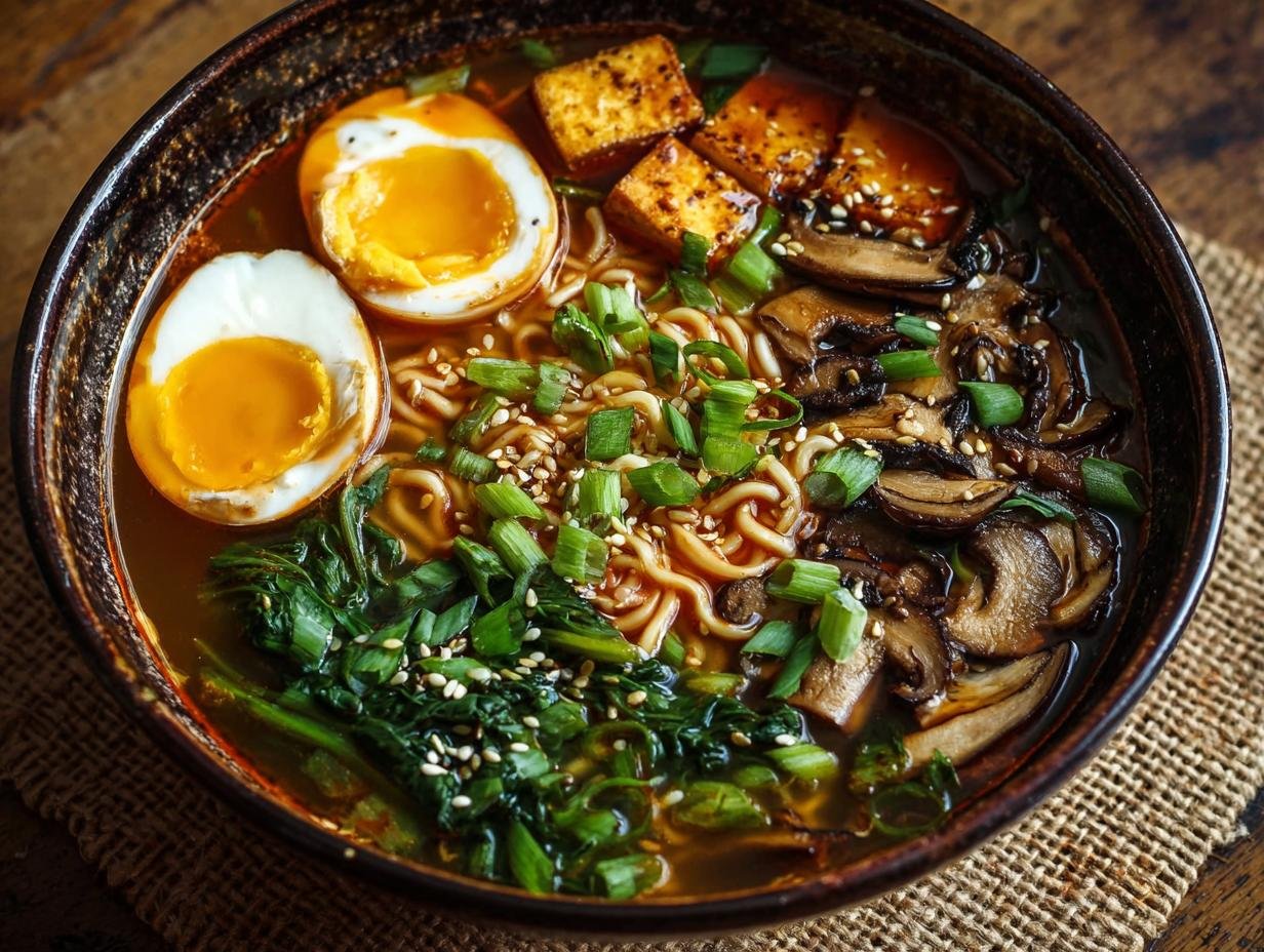 Gros plan d'un bol de ramen végétarien avec des nouilles, des champignons, du tofu, des œufs mollets et des oignons verts.