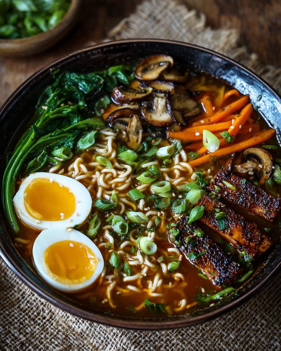 Gros plan d'un bol de ramen végétarien avec nouilles, tofu grillé, légumes et œufs mollets.