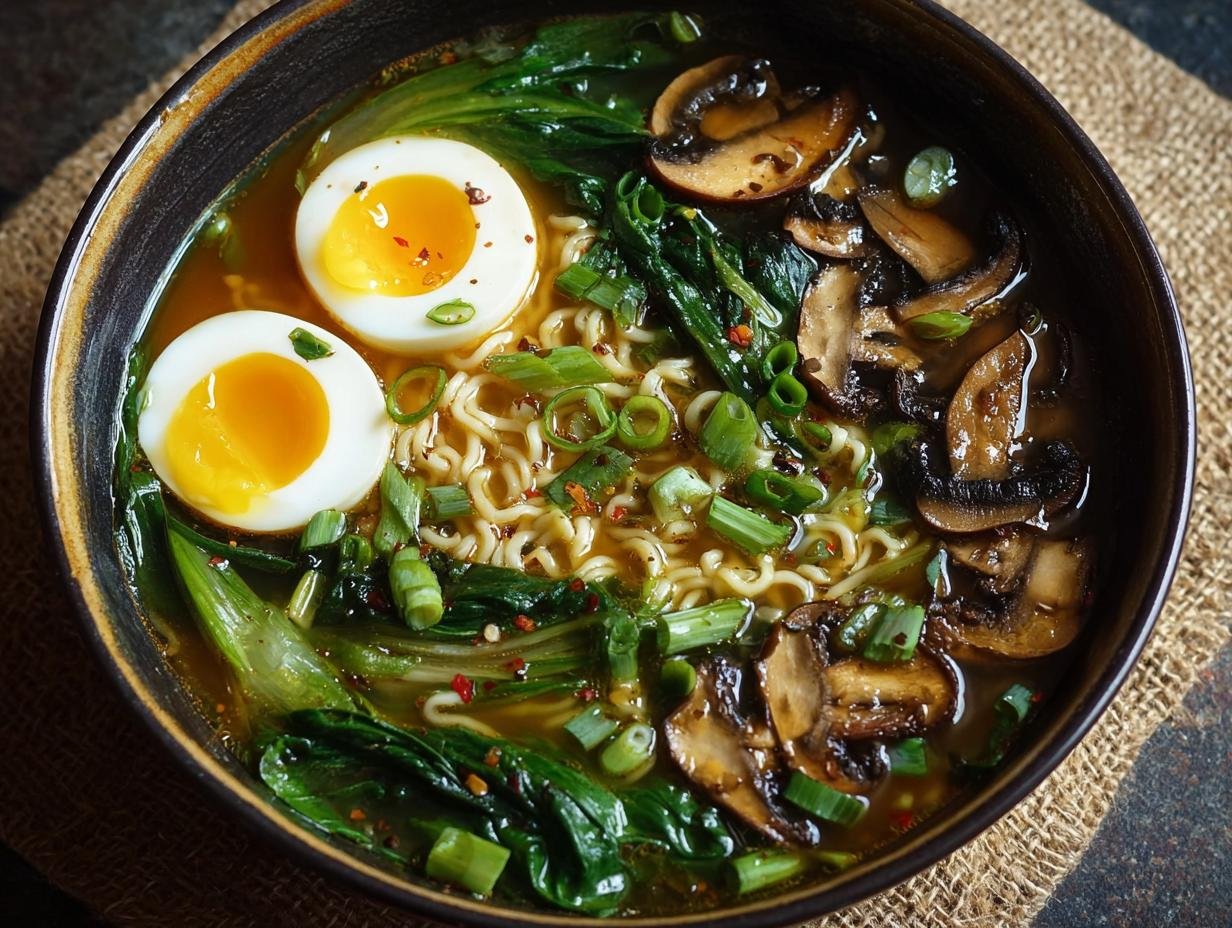 Gros plan d'un bol de ramen végétarien avec des nouilles, des œufs mollets, des champignons et des légumes verts.