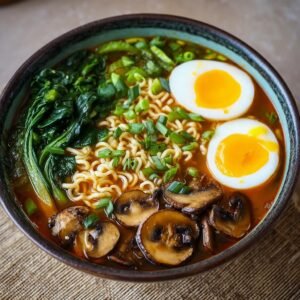 Bol de ramen végétarien avec nouilles, légumes verts, champignons, oignons verts et œufs coupés en deux.