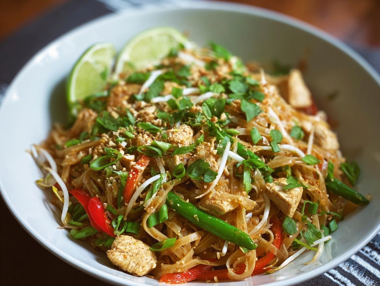 Plat de Pad Thaï au poulet sain avec des nouilles, des légumes, du poulet et des quartiers de citron vert.