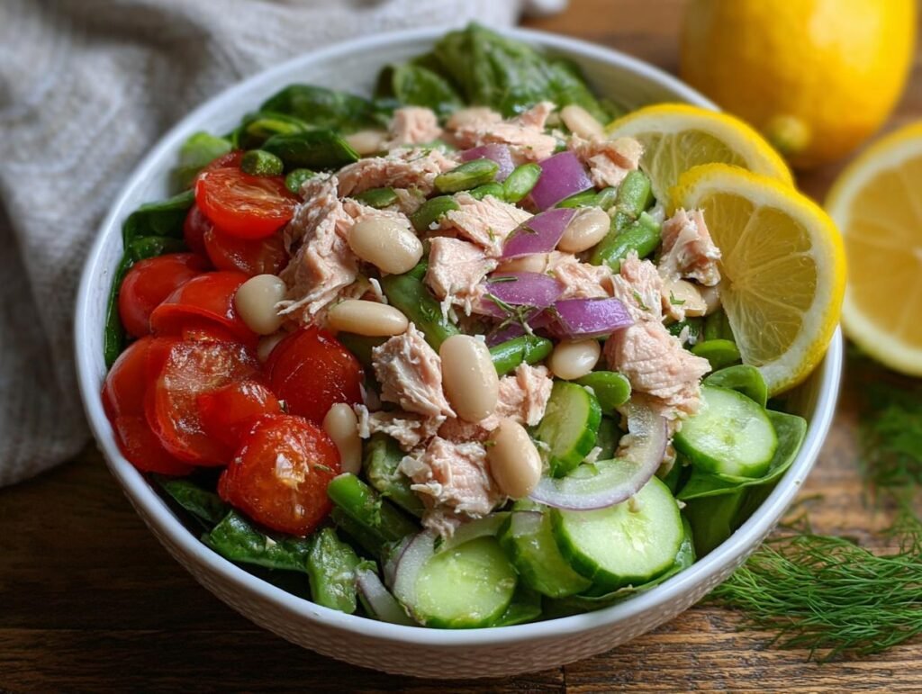 Salade de thon et haricots blancs avec tomates cerises, concombre, oignon rouge et quartiers de citron.