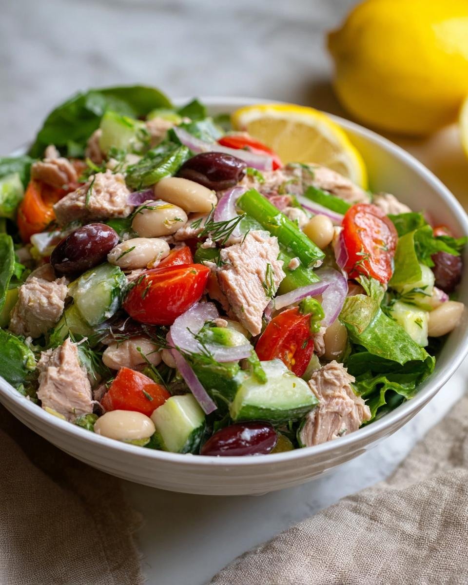 Salade de thon et haricots blancs avec tomates, concombres, olives et oignons rouges, garnie d'aneth.