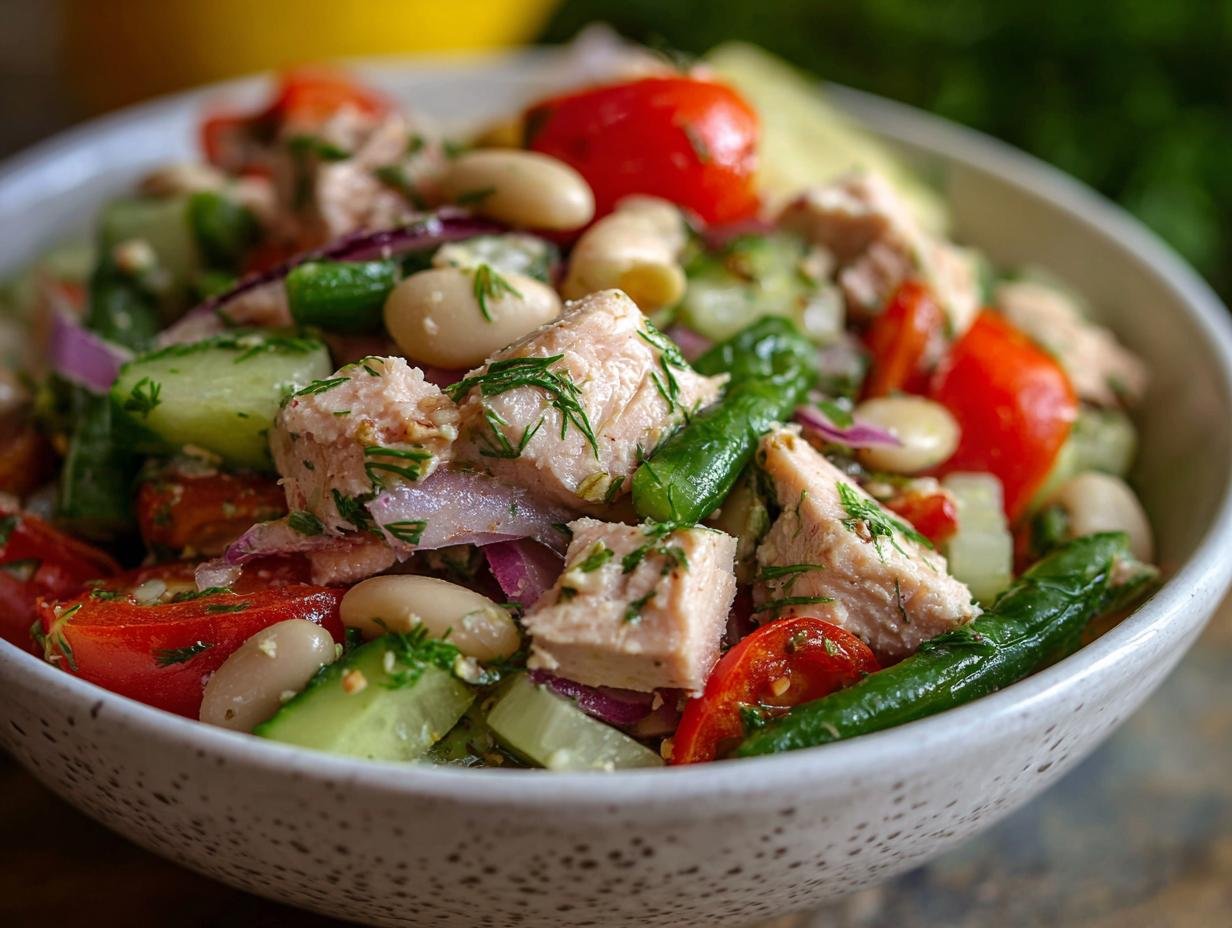 Gros plan d'une salade de thon et haricots blancs avec tomates, concombre et oignon rouge.