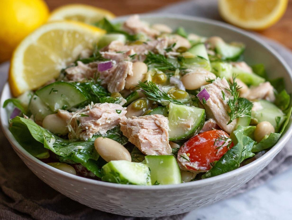Salade de thon et haricots blancs avec concombre, tomate et citron, garnie d'aneth frais.