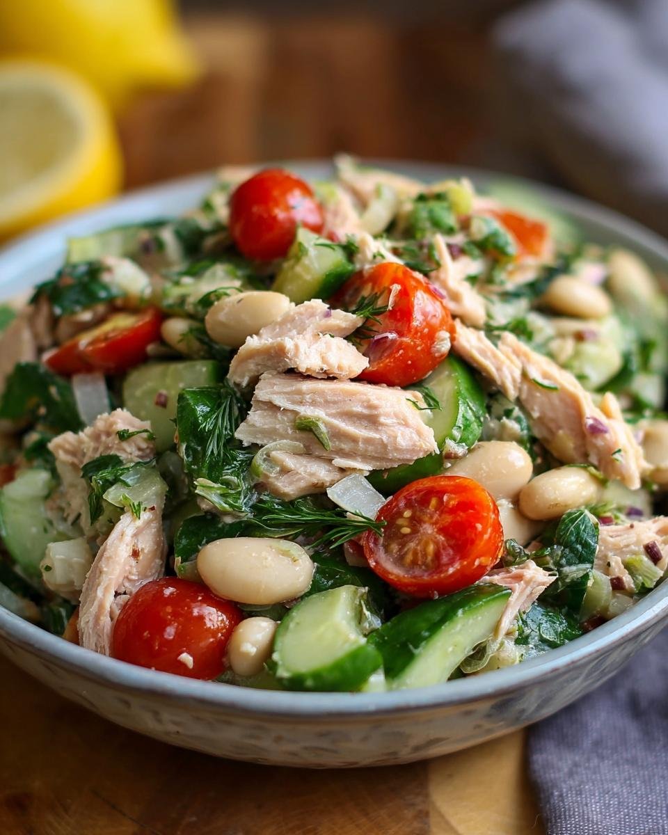 Gros plan d'une salade de thon et haricots blancs avec des tomates cerises, du concombre et des herbes fraîches.