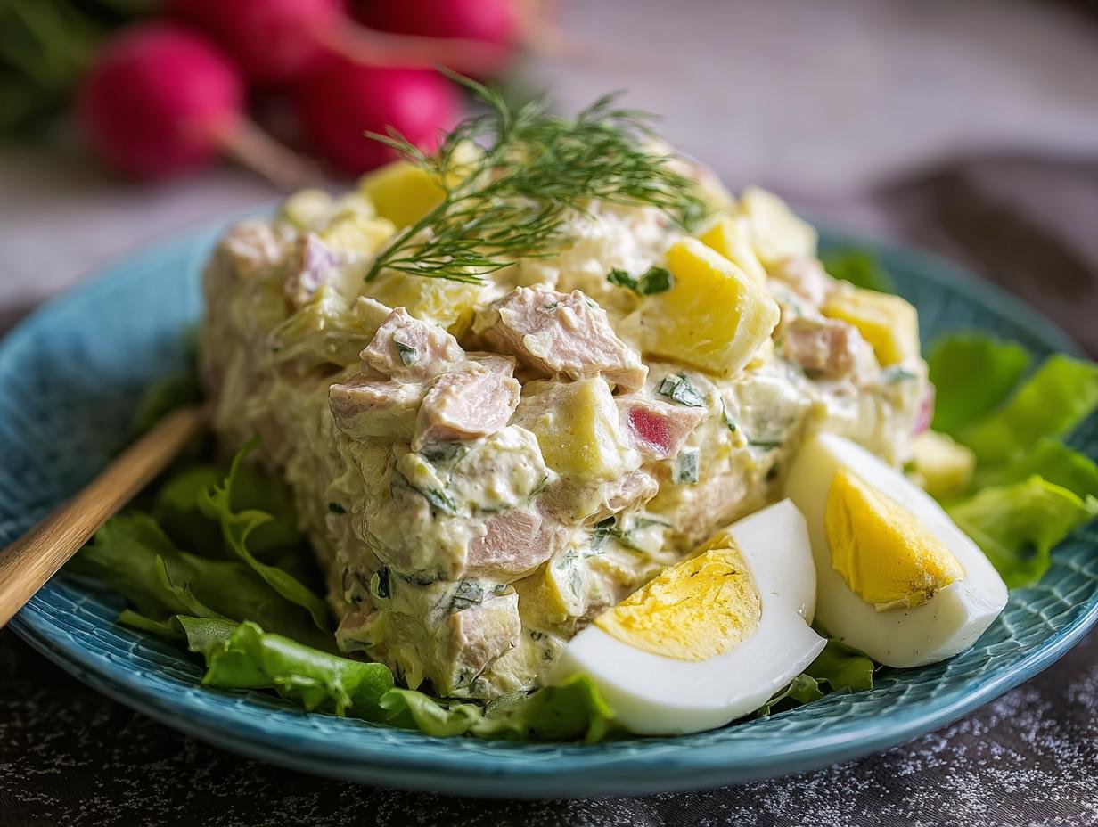Gros plan d'une salade de thon et œufs crémeuse servie sur de la laitue, garnie d'œufs durs et d'aneth.