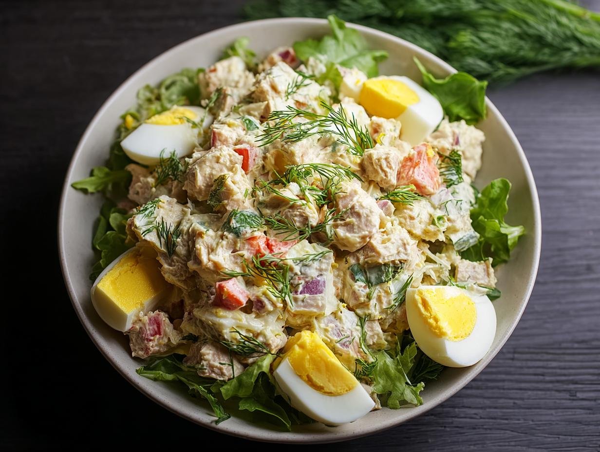 Gros plan d'une salade de thon et œufs crémeuse garnie d'aneth frais et d'œufs durs coupés en quartiers.