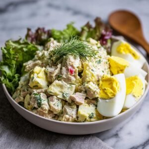Gros plan d'une salade de thon et œufs crémeuse garnie d'aneth, servie avec des quartiers d'œuf dur et des feuilles de laitue.