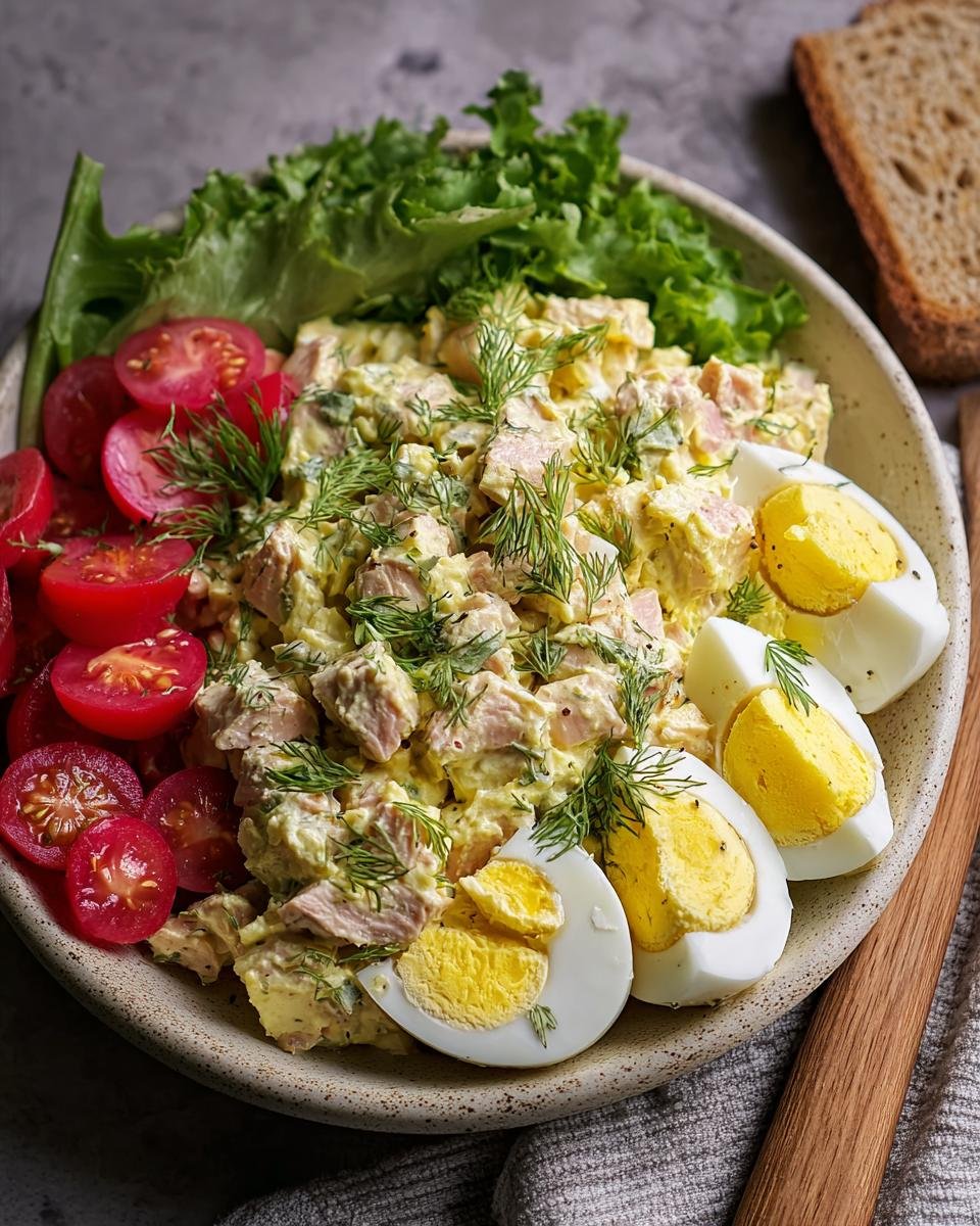 Gros plan d'une salade de thon et œufs crémeuse garnie d'aneth, servie avec des tomates cerises, de la laitue et un œuf dur coupé en deux.