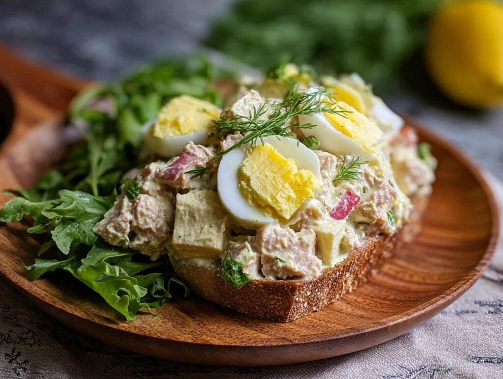 Gros plan d'une tranche de pain grillé garnie d'une généreuse portion de salade de thon et œufs, décorée d'œufs durs et d'aneth.