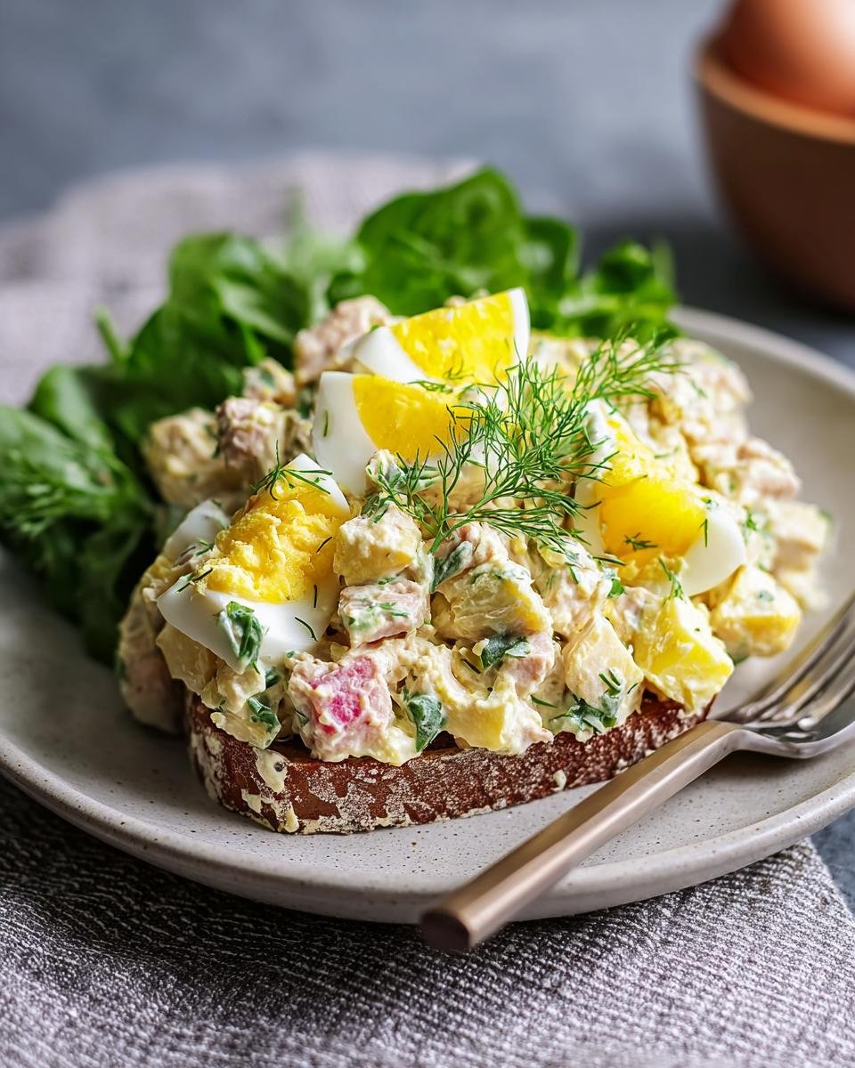 Gros plan d'une tranche de pain de seigle garnie d'une généreuse portion de salade de thon et œufs, décorée de quartiers d'œufs durs et d'aneth.