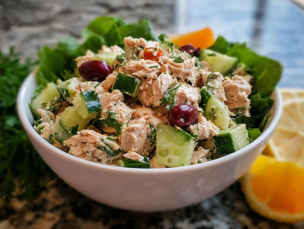 Gros plan d'une salade de thon saine dans un bol, garnie de concombre, d'olives et d'herbes fraîches.