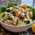 Gros plan d'une salade de thon saine dans un bol, garnie de concombre, d'olives et d'herbes fraîches.