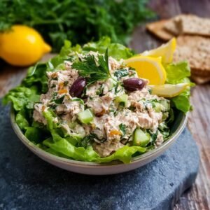 Gros plan d'une salade de thon saine garnie de persil, d'olives et de quartiers de citron.