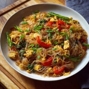 Gros plan d'un sauté de nouilles de riz protéinées avec tofu, tomates et oignons verts.
