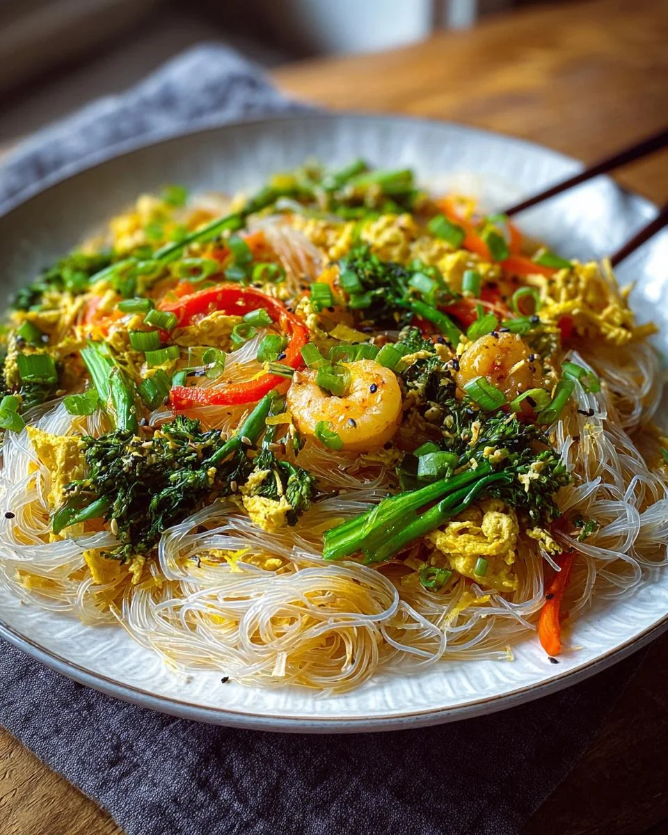 Gros plan d'un sauté de nouilles de riz protéinées avec crevettes, brocolis, poivrons et œufs brouillés, garni d'oignons verts.