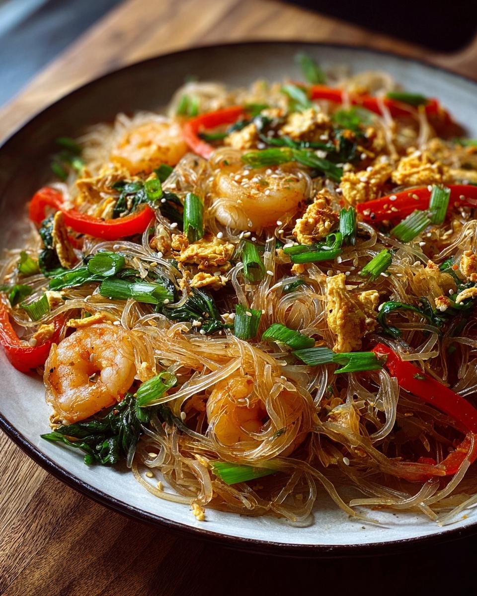 Gros plan d'un sauté de nouilles de riz protéinées avec crevettes, œufs brouillés, poivrons rouges et oignons verts.