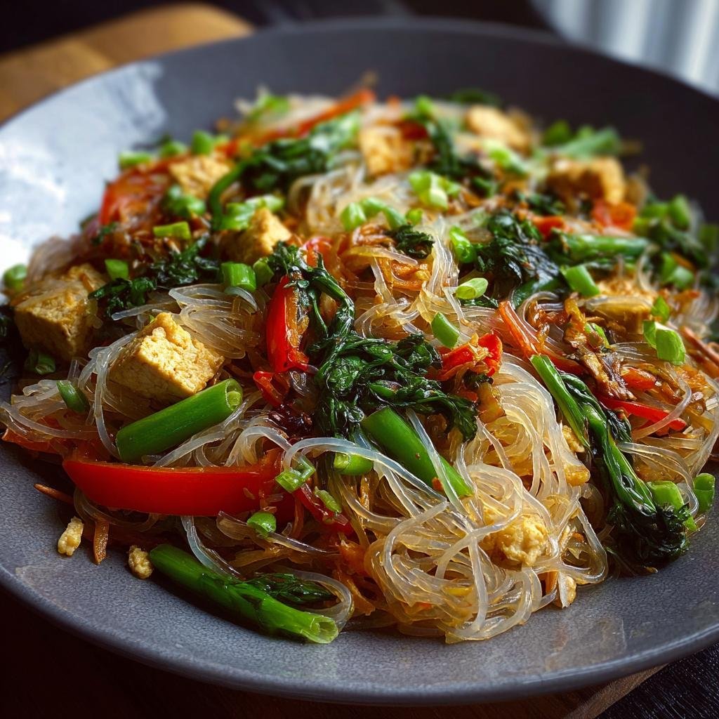 Gros plan d'un sauté de nouilles de riz protéinées avec des cubes de tofu, des légumes verts, des poivrons rouges et des oignons verts.