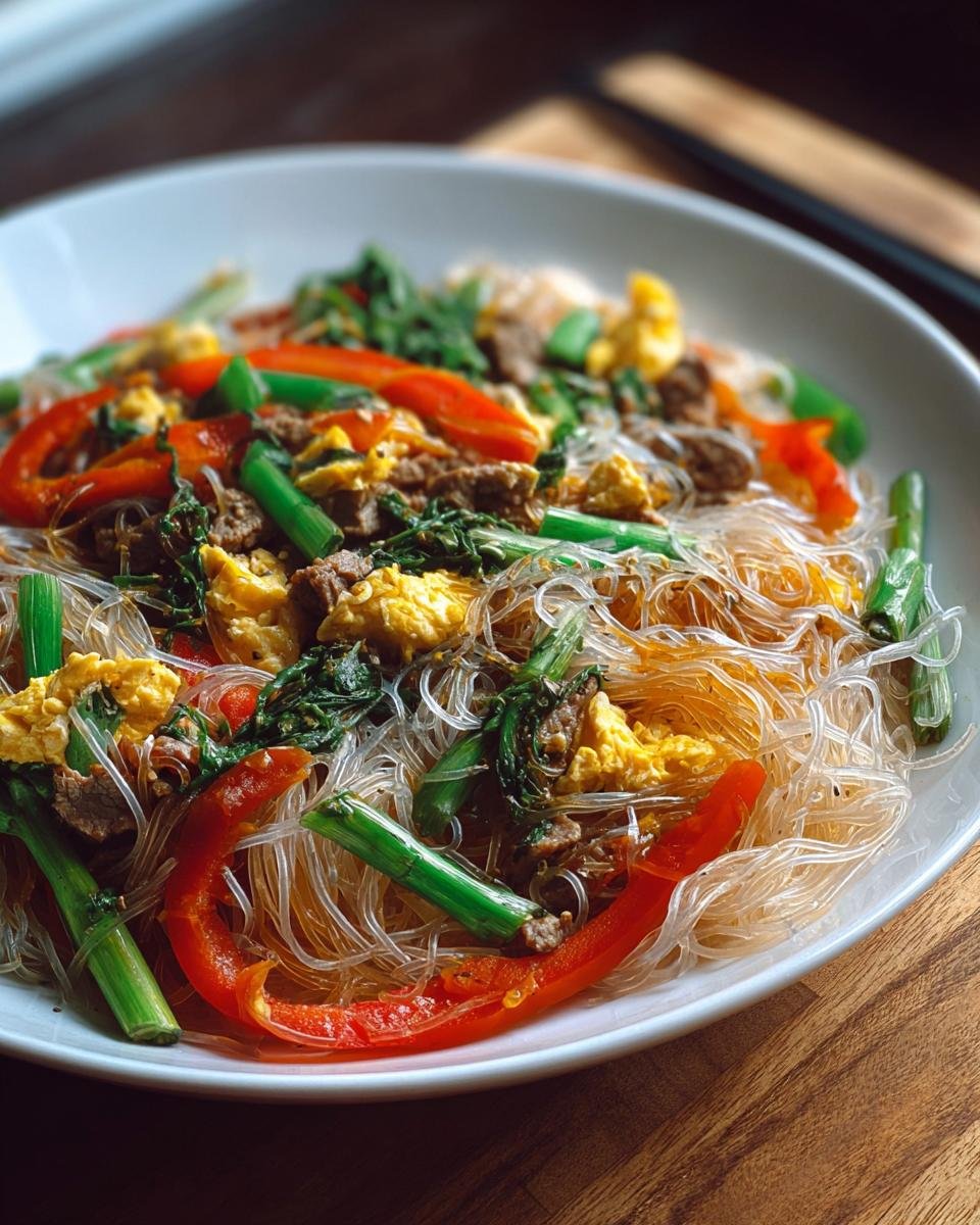 Gros plan d'un sauté de nouilles de riz protéinées avec du bœuf, des œufs brouillés, des poivrons rouges et des haricots verts.