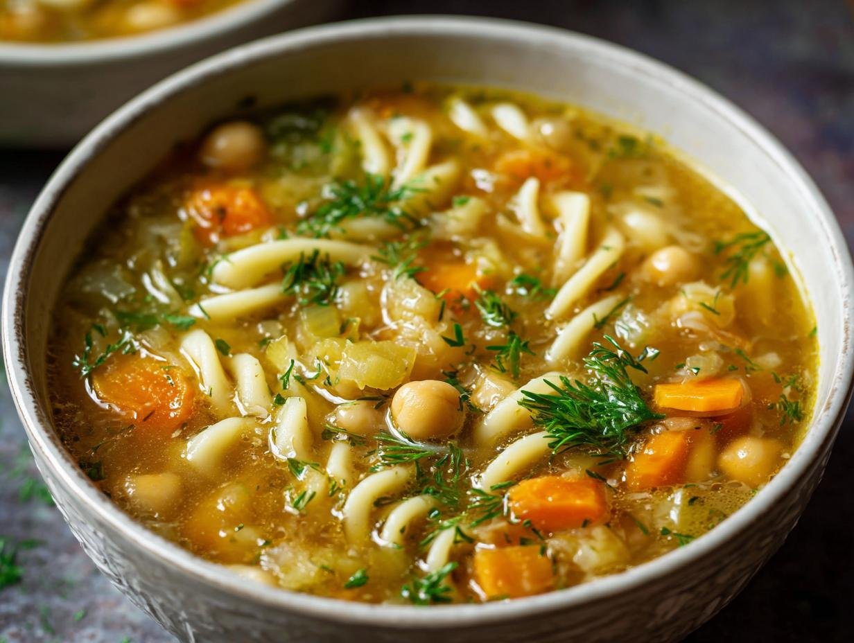 Gros plan d'une soupe nouilles pois chiches vegan réconfortante avec des carottes, du céleri et de l'aneth frais.