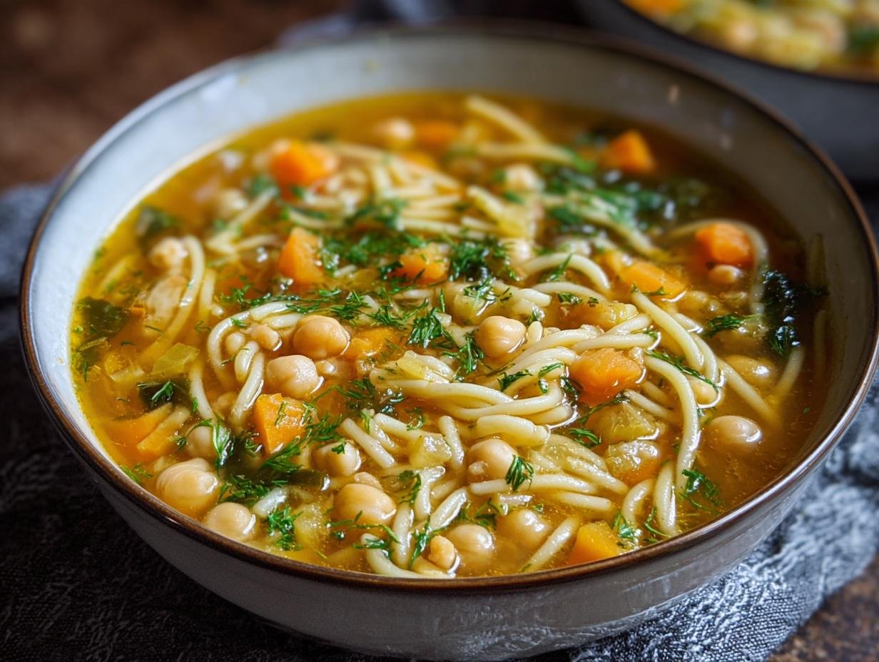 Gros plan d'une soupe nouilles pois chiches vegan réconfortante avec des carottes, du céleri et des herbes fraîches.