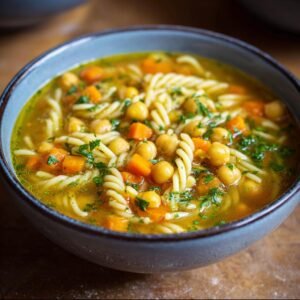 Gros plan sur une assiette de soupe nouilles pois chiches vegan, avec des pois chiches, des carottes et des pâtes en spirale.