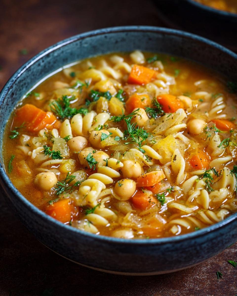 Gros plan d'une soupe nouilles pois chiches vegan réconfortante dans un bol bleu, garnie d'herbes fraîches.