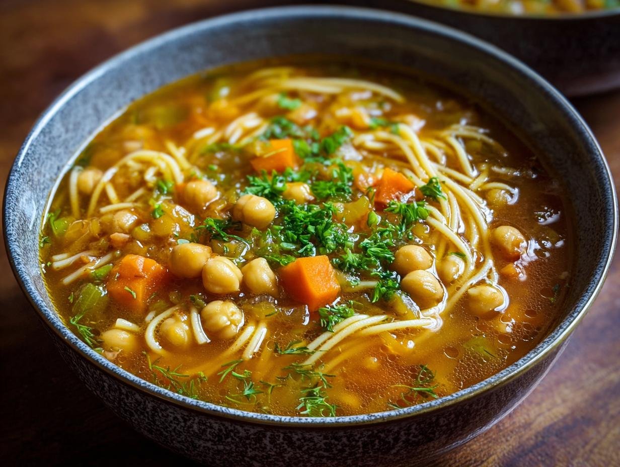 Gros plan d'une soupe nouilles pois chiches vegan réconfortante avec des carottes, du céleri et des herbes fraîches.